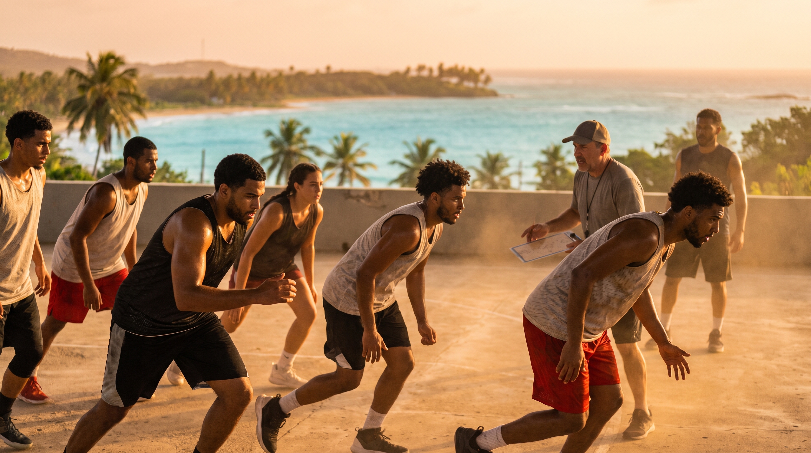 StarPower athletes training at golden hour on a Vieques court