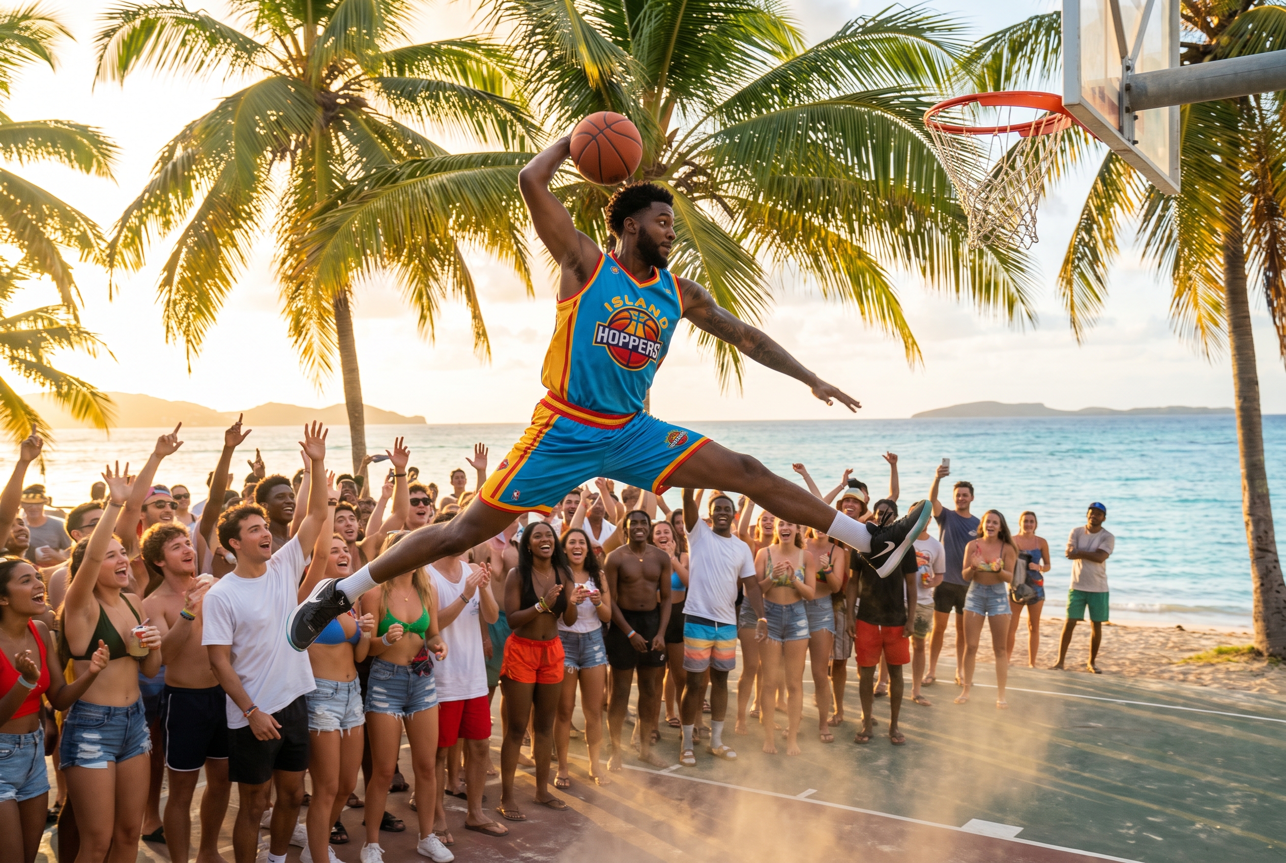 A Harlem Globetrotters-style AcroDunker soaring for a dunk before cheering Vieques youth
