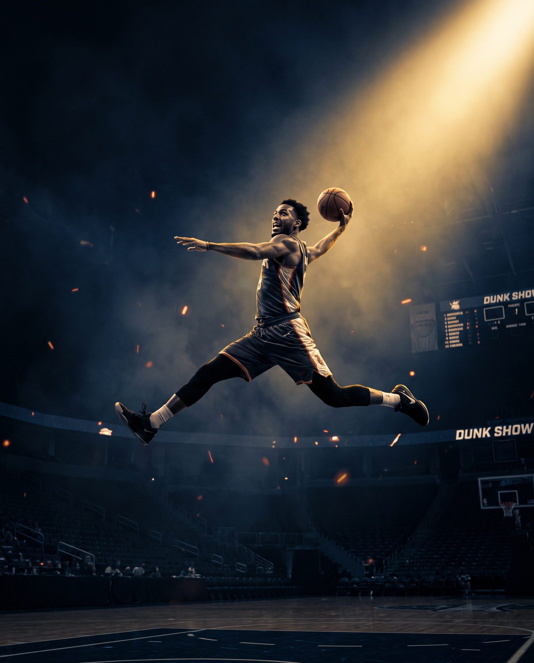 Chris Stone, acrobatic dunk showman, soaring mid-air under dramatic stage lights